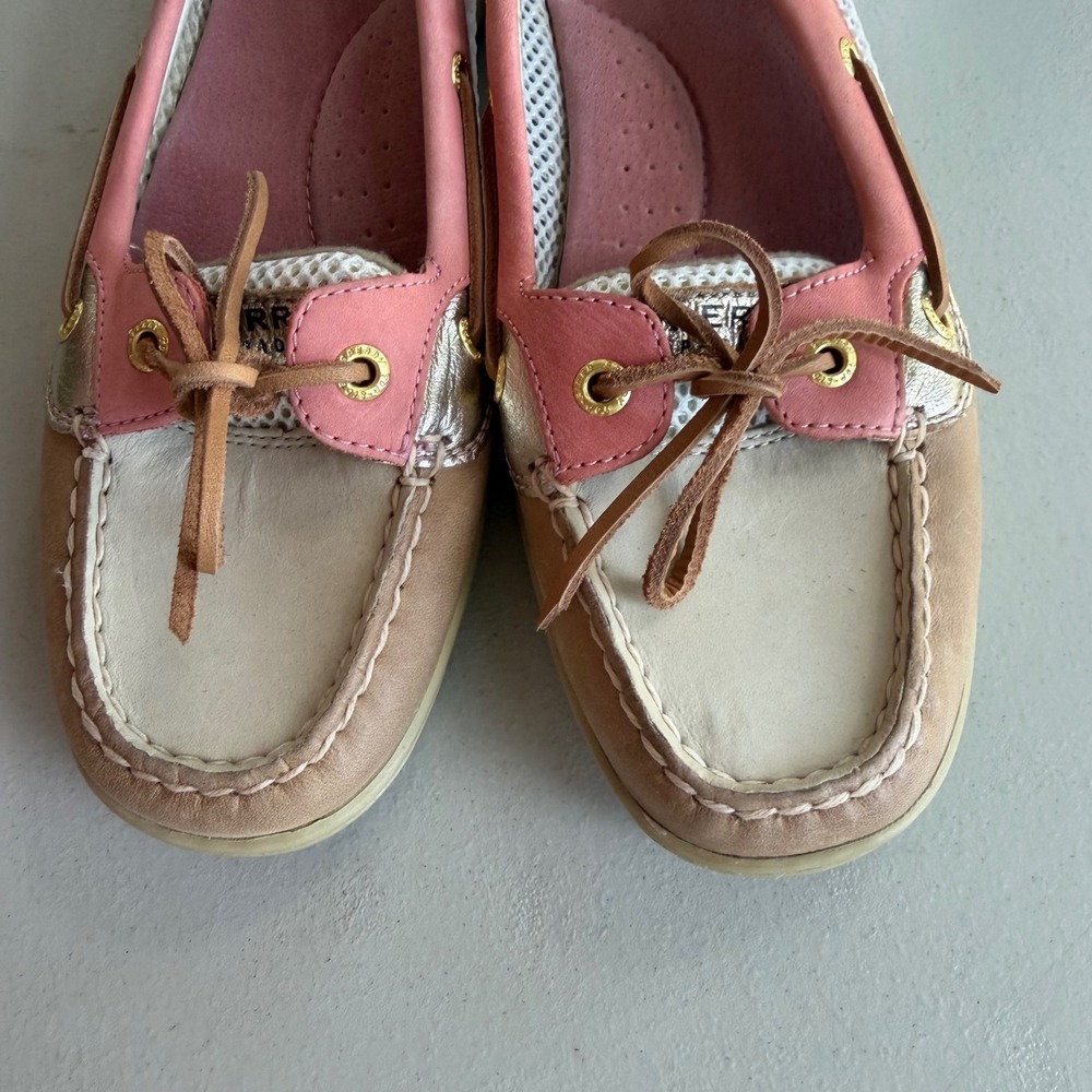 Sperry TopSider Women 9.5 Pink Tan Gold Leather Mesh Angelfish Boat Shoes Preppy - Picture 5 of 15